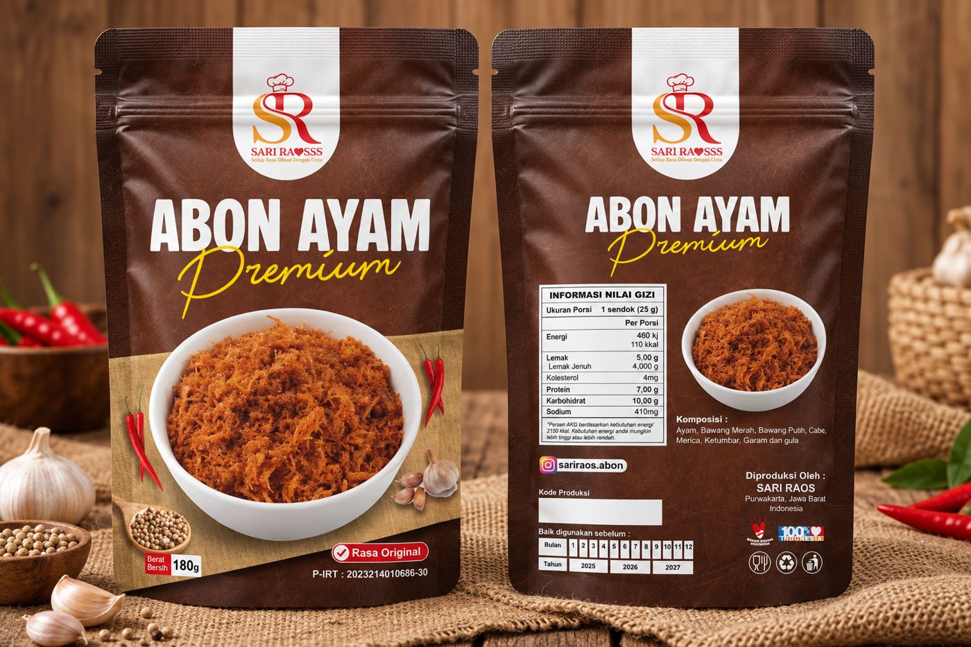 Kemasan depan dan belakang Abon Ayam Premium Original